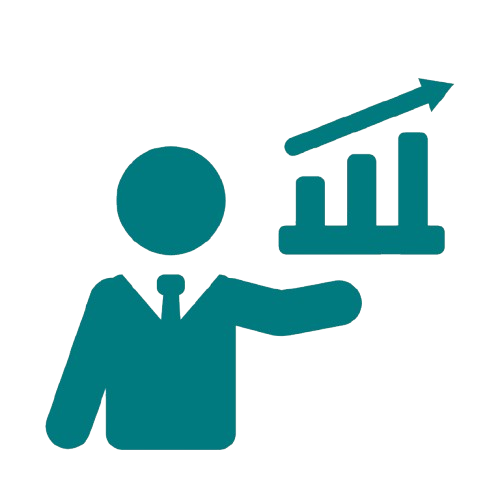 Silhouette of a person in business attire pointing to a rising bar chart with an upward arrow.