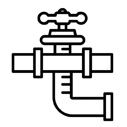 Outline drawing of a water faucet with a pipe attached.