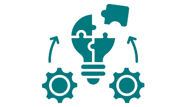 Illustration of a puzzle light bulb connected to gears, symbolizing ideas and problem-solving.