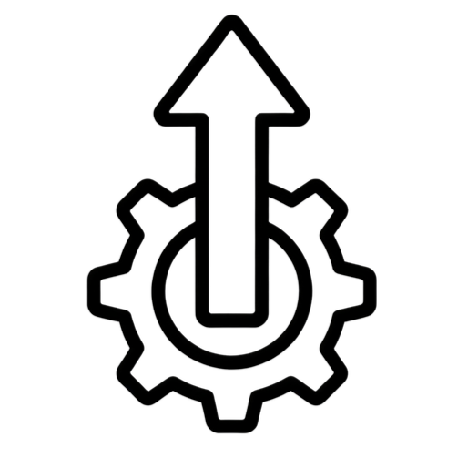 A black gear icon with an upward arrow in the center.