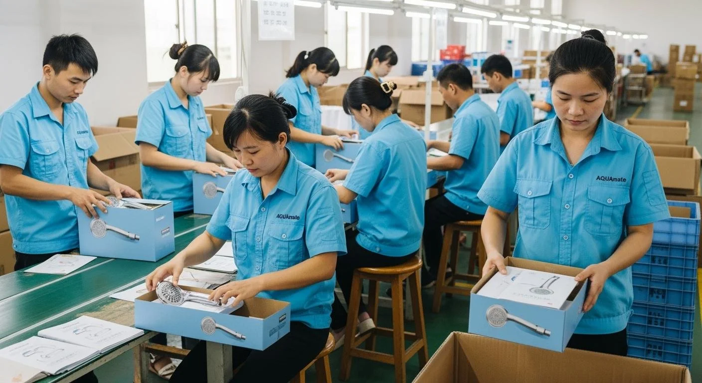 Workers in blue uniforms assembling showerheads in a factory production line.
