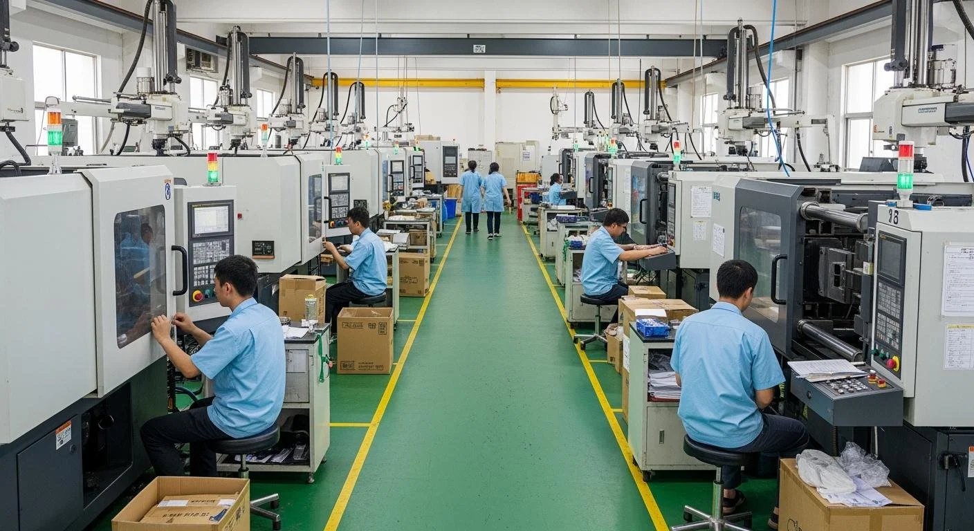 Plastic injection molding services. Inside a factory with workers operating injection molding machines in an assembly line, wearing blue uniforms. The machines are arranged in two rows with a green walkway in the middle.