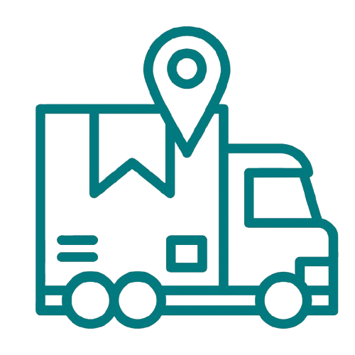 Delivery truck with a location pin and a ribbon or sale tag, indicating delivery or logistics service.