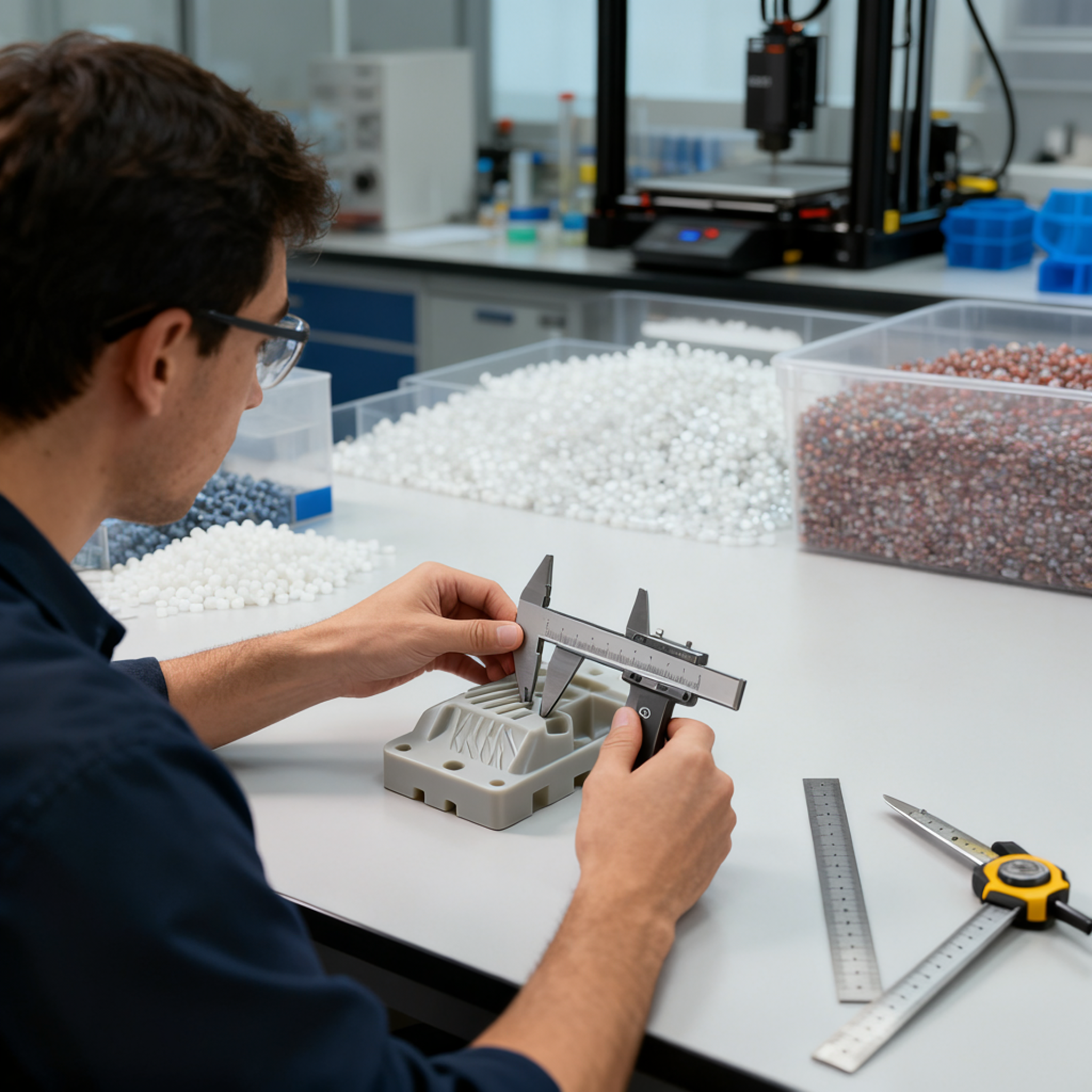 A scientist in safety glasses measures a small object with a caliper in a laboratory. There are several containers of different-sized white and brown beads on the table, and laboratory equipment in the background.