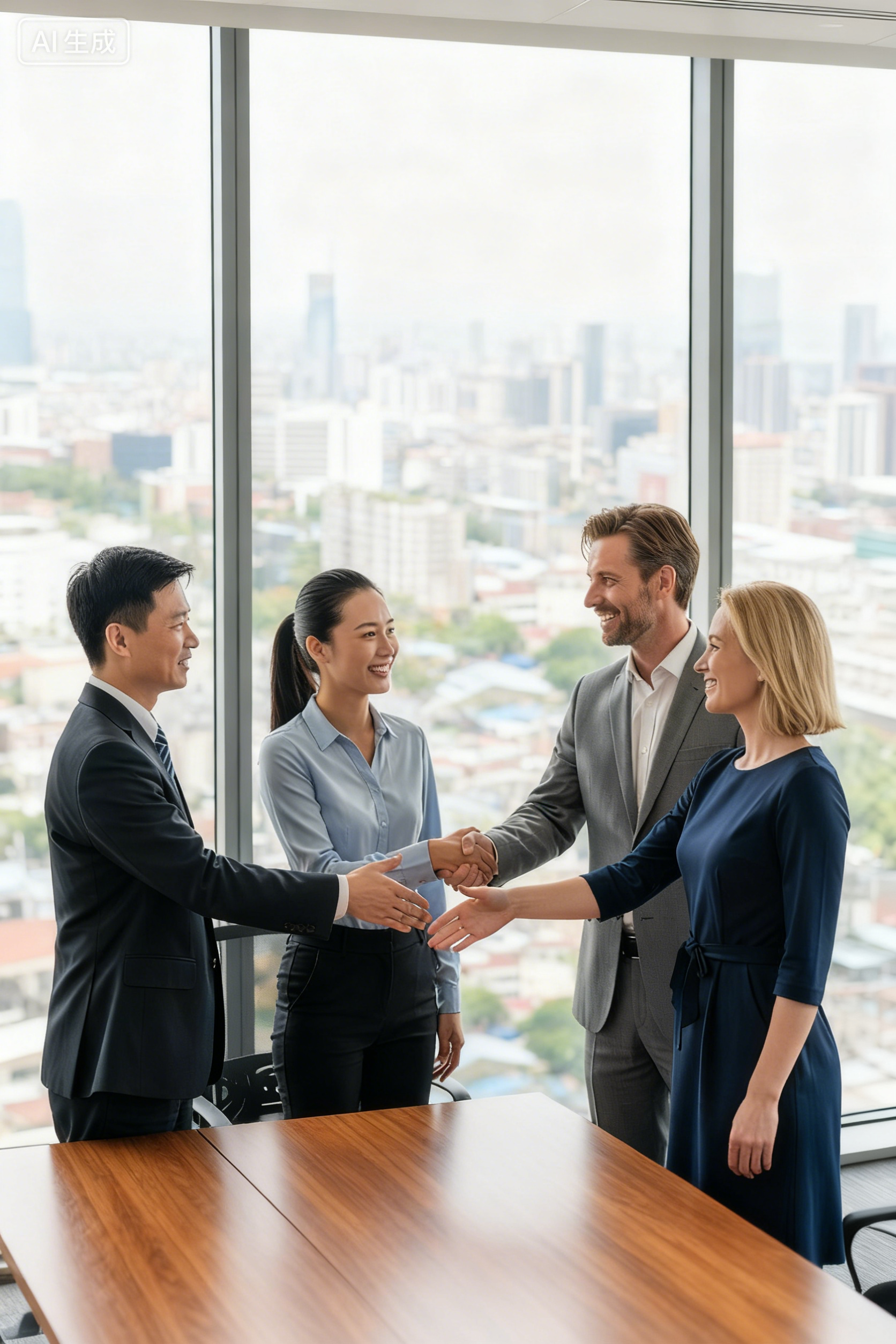 Four businesspeople, two men and two women, smiling and shaking hands in a conference room with a city skyline in the background.