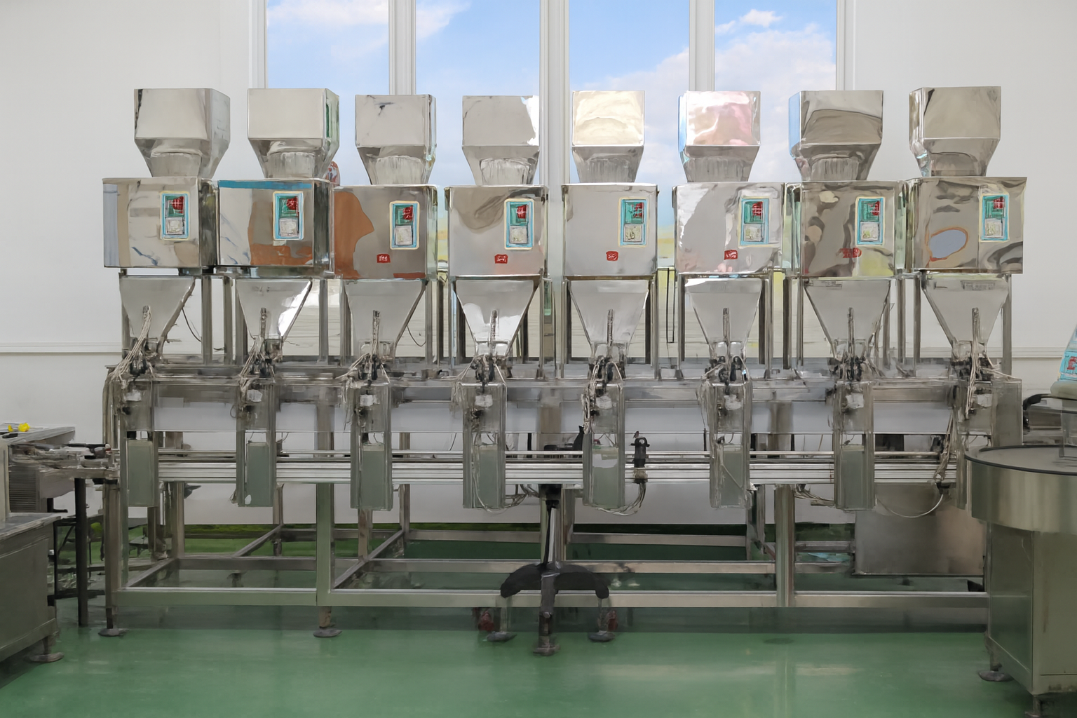 Production lines of filter showerheads. Industrial machine with multiple stainless steel hoppers and a conveyor system, likely used in manufacturing or processing facility.