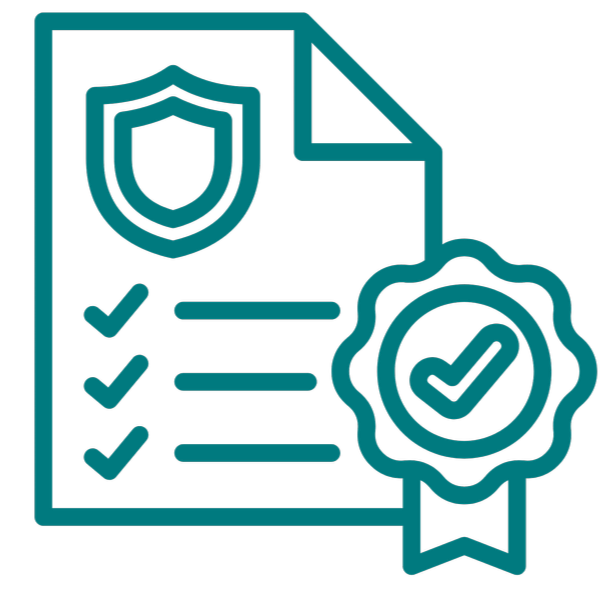 Outline of a document with checkmarks, a shield icon at the top, and a ribbon with a checkmark, symbolizing certification or certification process.