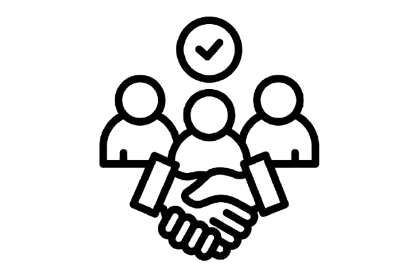 Line drawing of three people with a handshake in front of them and a check mark above.