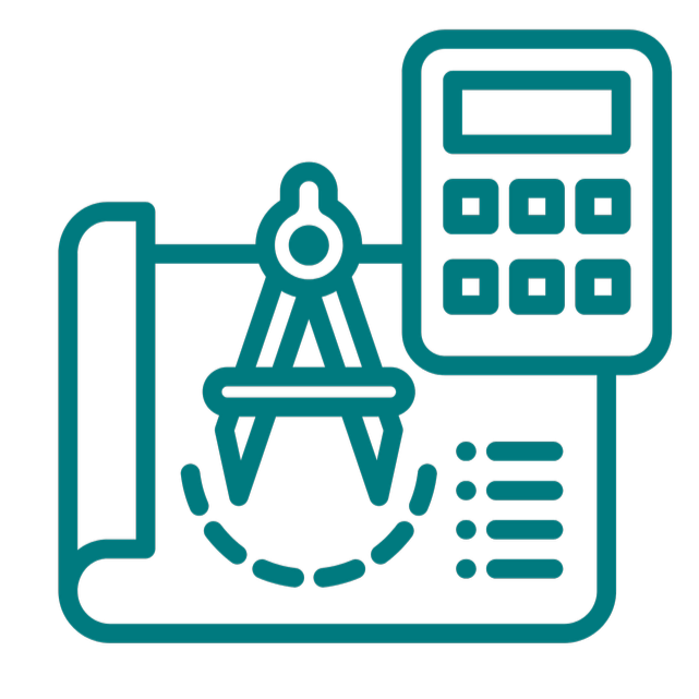 Icon of drafting tools, a compass, blueprint, and calculator, representing architecture or engineering design.