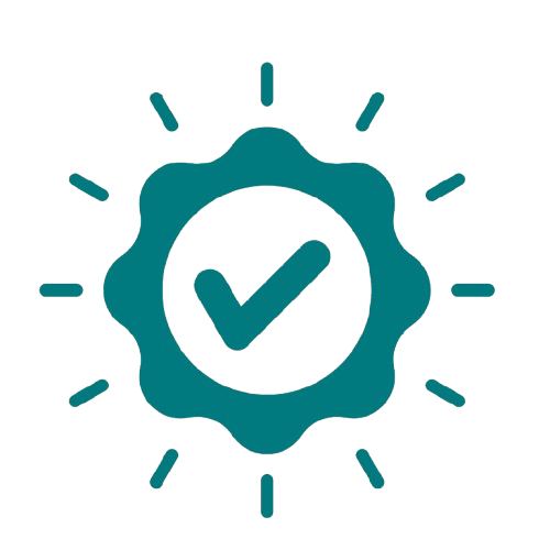 A teal-colored badge with a checkmark inside, surrounded by lines radiating outward.