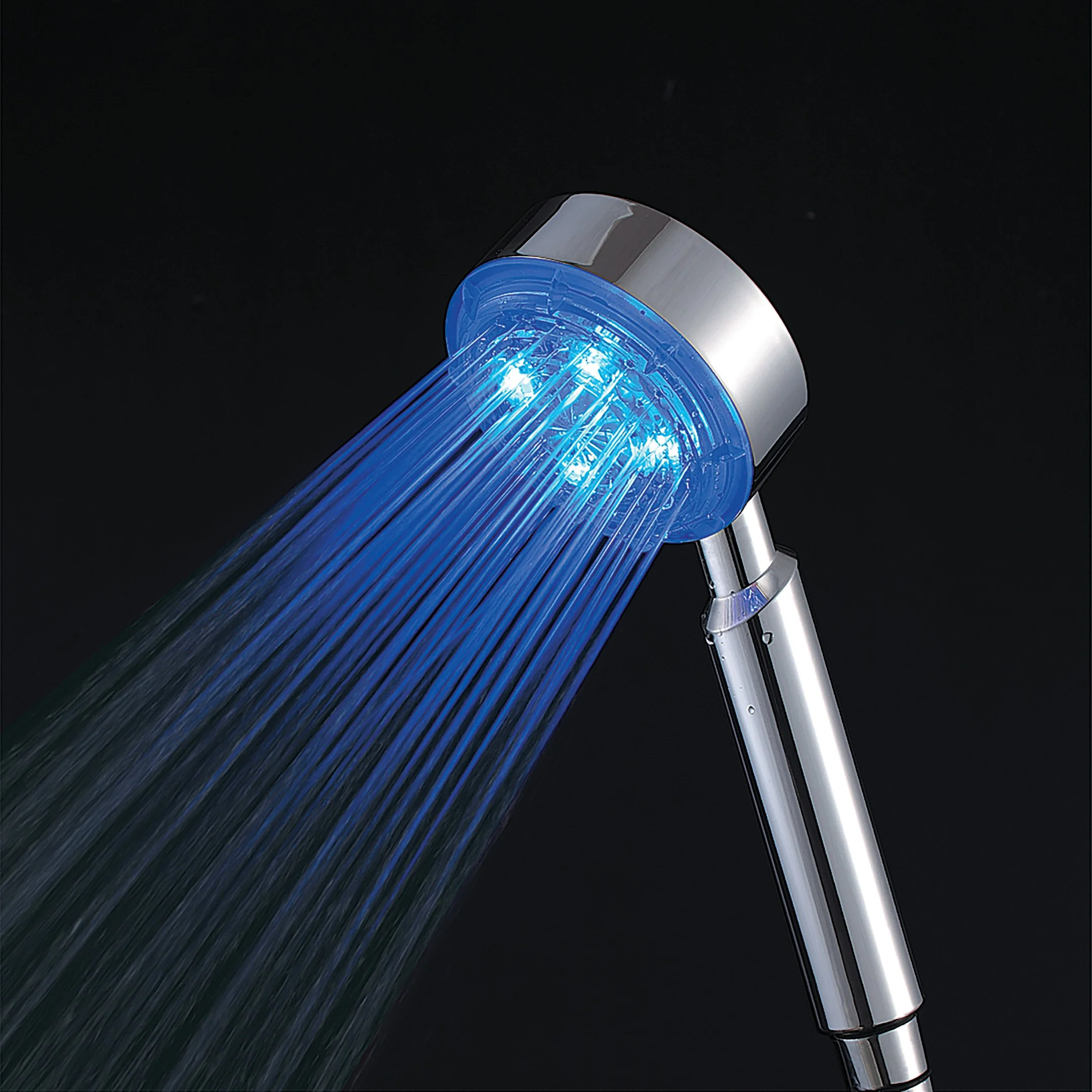 A modern showerhead with blue LED lights emitting water against a black background.