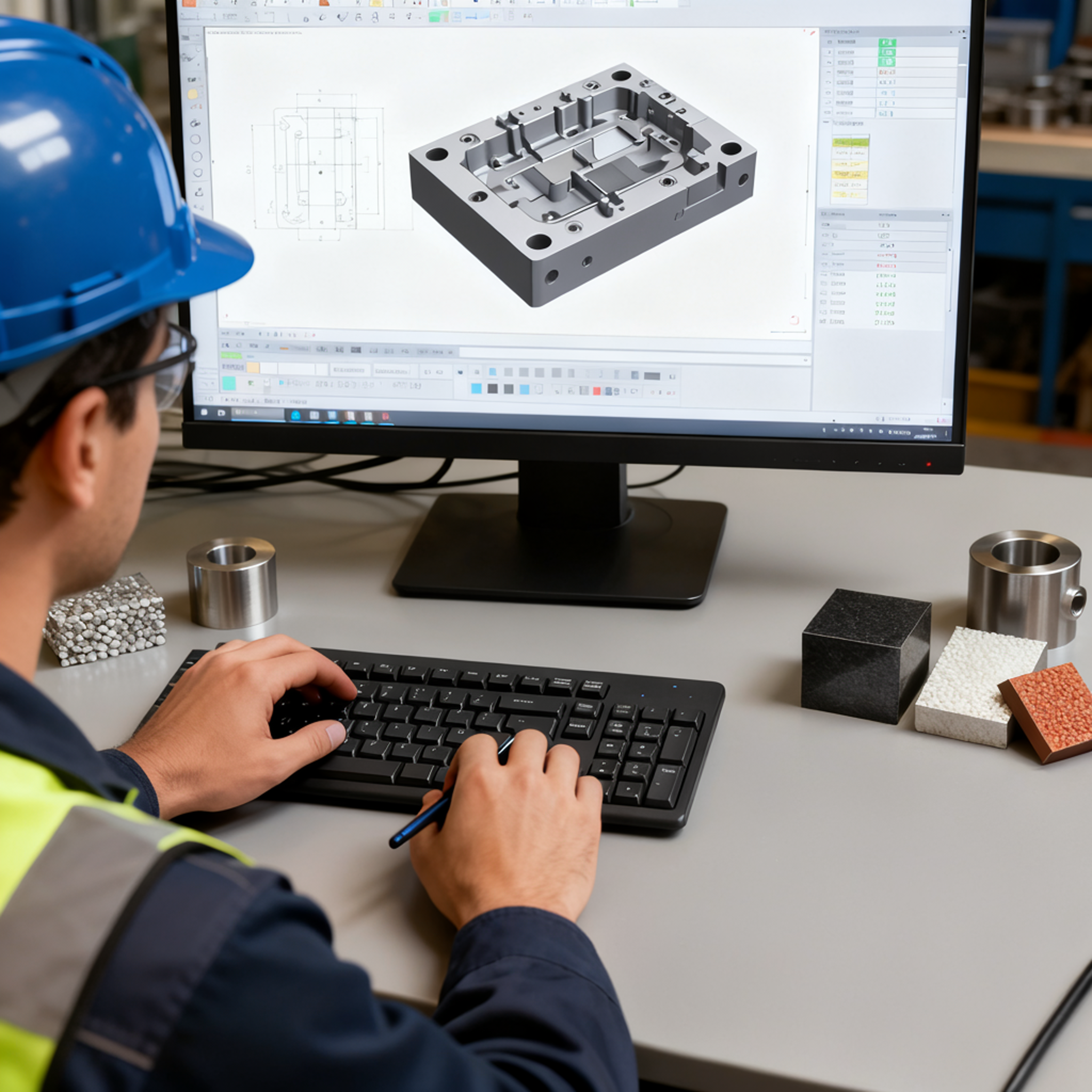 A person wearing a blue safety helmet and yellow safety vest working at a computer with engineering design software displaying a metal part drawing and 3D model.