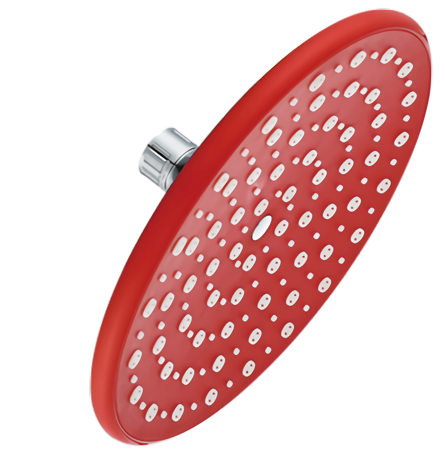 Red showerhead with multiple small holes for water spray.