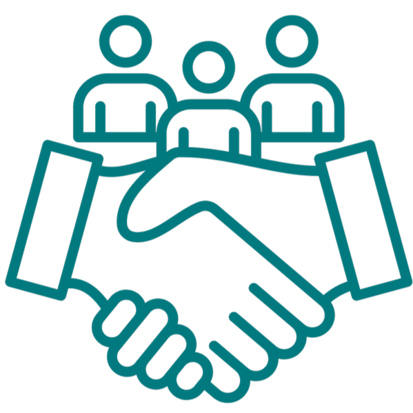 Outline icon of a handshake with three people standing behind it, symbolizing agreement or teamwork.