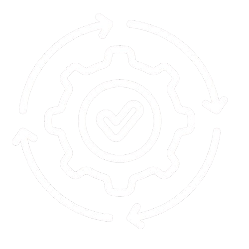 A gear icon with a checkmark inside, surrounded by circular arrows indicating a cycle or process.