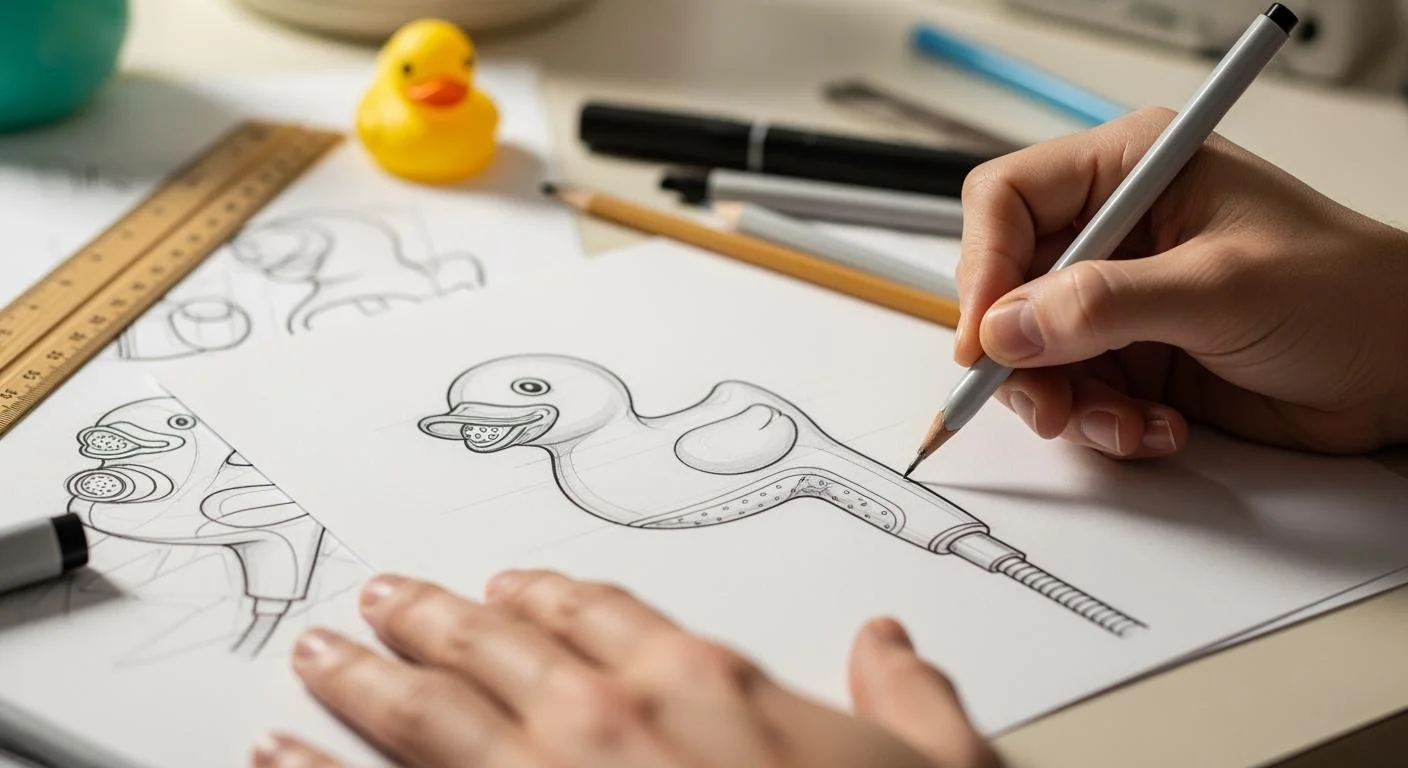 Person sketching a drawing of a toy hairdryer with a duck face on a piece of paper, with various pens and markers, a ruler, and a rubber duck in the background.