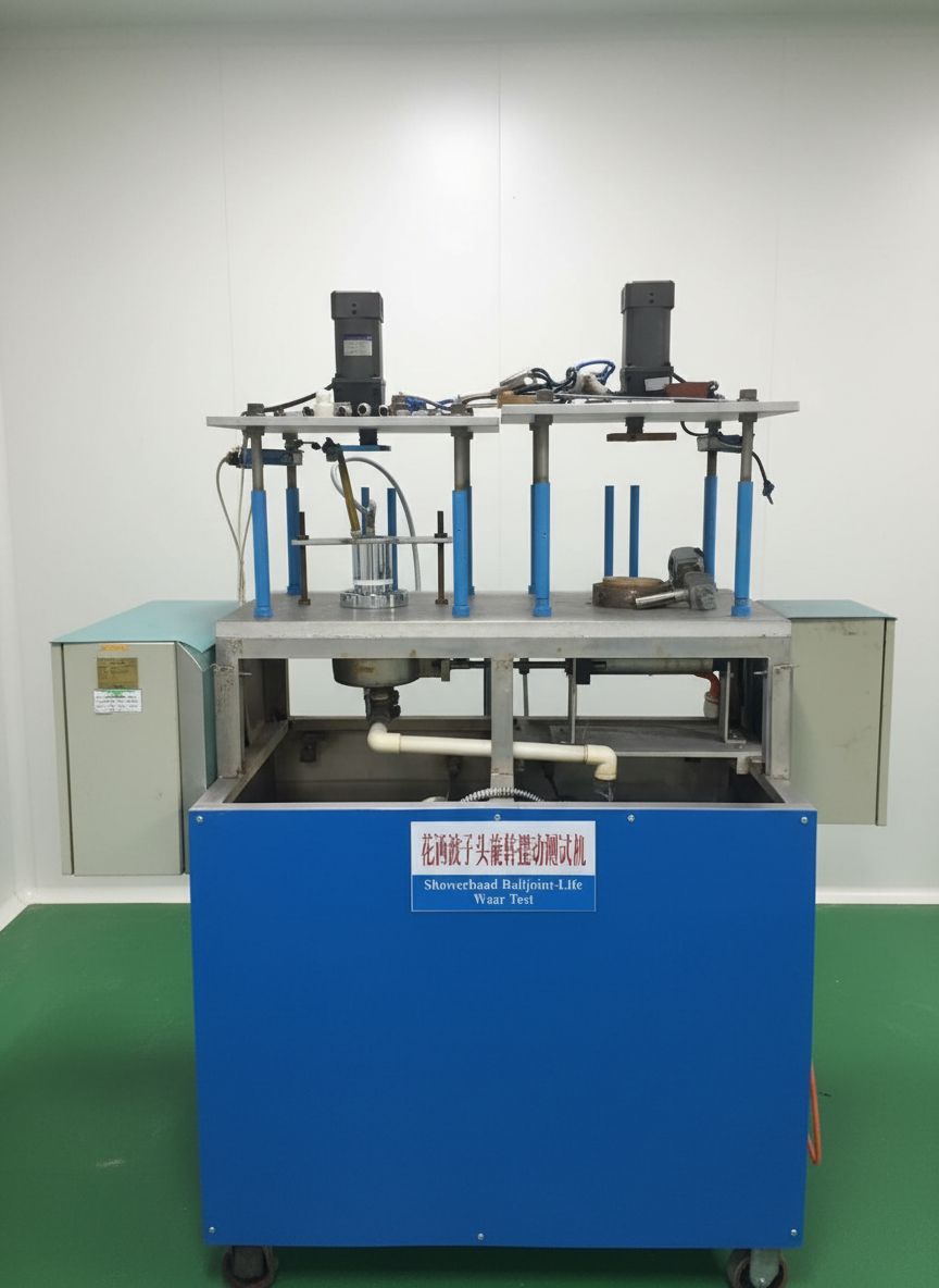 Industrial testing machine with blue panel and digital controls on a white and green background.