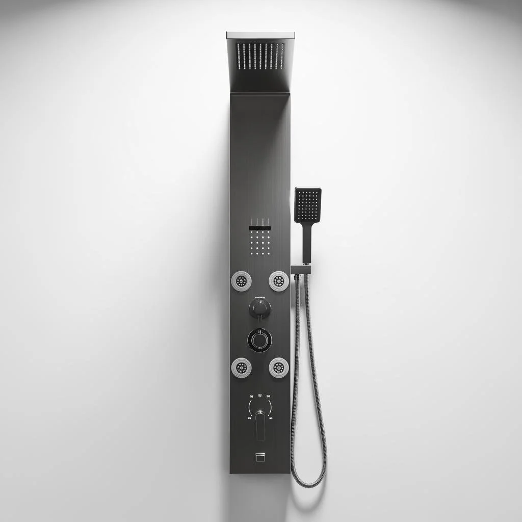 Modern black shower panel with a handheld showerhead, multiple spray options, and a wall-mounted control knob against a white background.