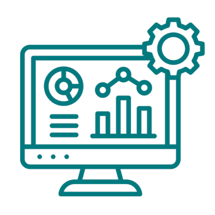 Outline of a computer monitor displaying data charts and a gear icon, representing data analysis and settings.