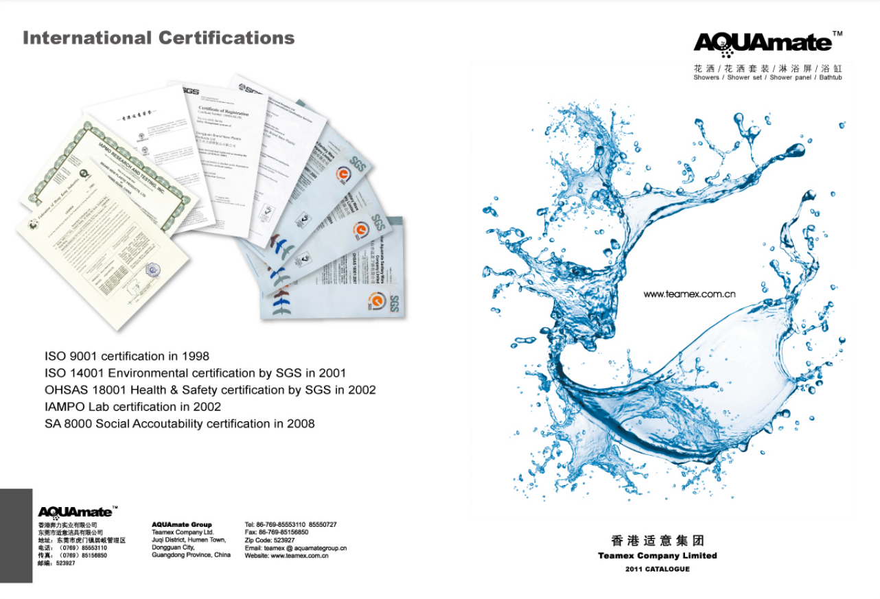 A catalog page showing international certifications on the left and a splash of water on the right, with the brand name AQUAmate at the top.