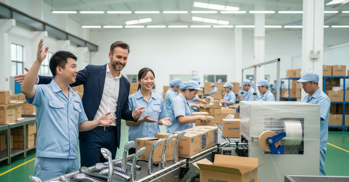 Three workers and a supervisor in a packaging factory. Workers are in light blue uniforms and face masks, packing boxes. The supervisor is in a business suit, overseeing the process.