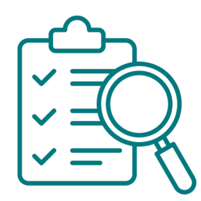 Icon of a clipboard with checkmarks and a magnifying glass.