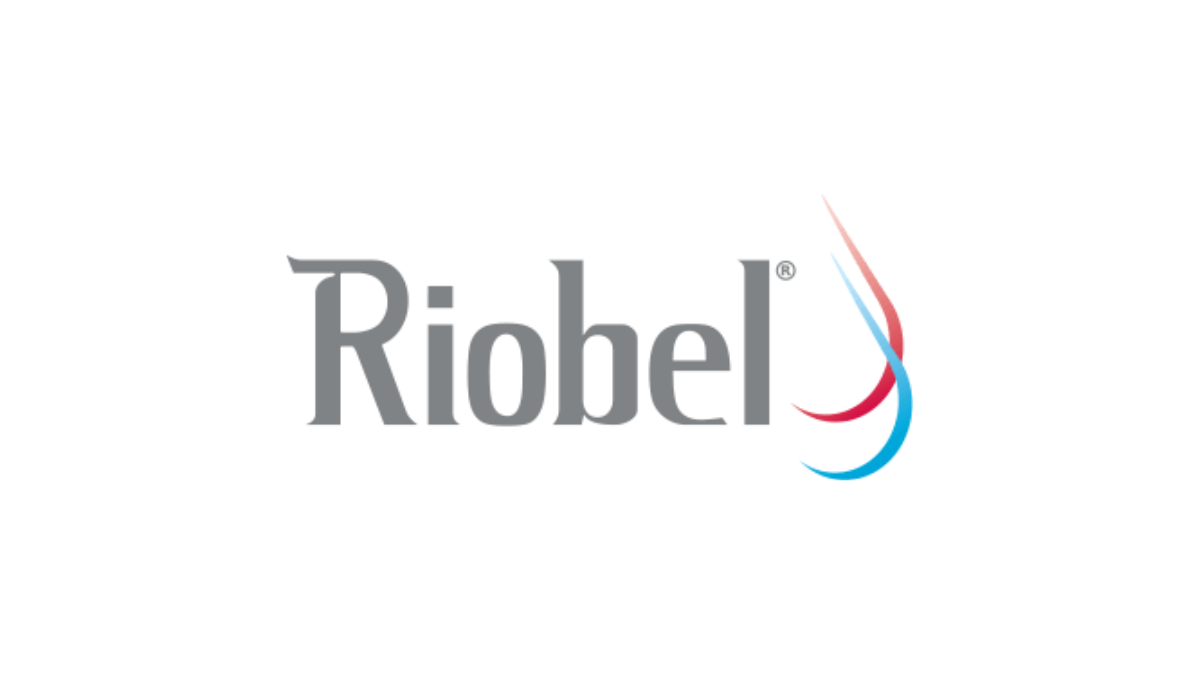 Riobel logo with gray text and a stylized red and blue water droplet to the right.