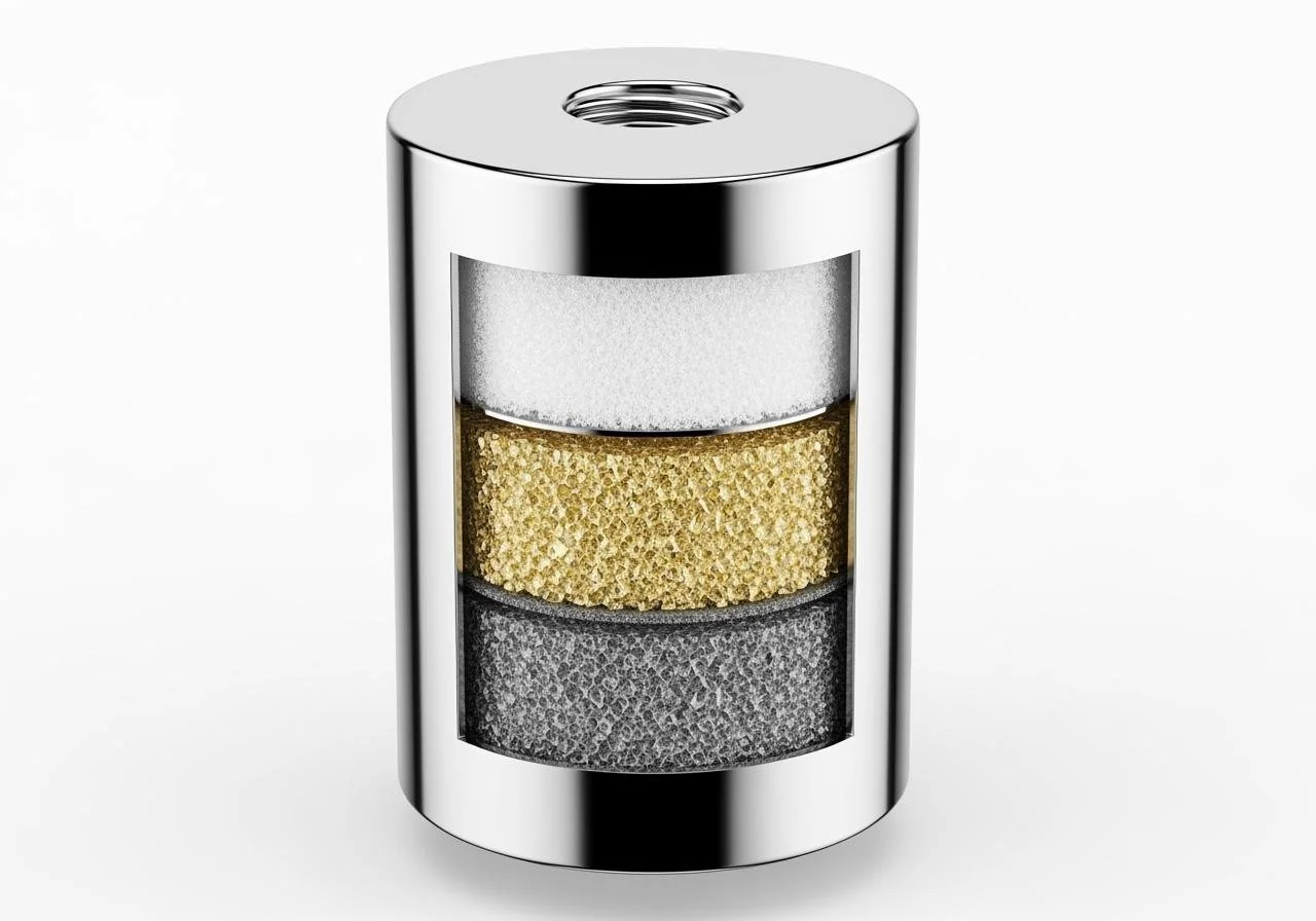 A modern, cylindrical metallic spice grinder with three sections filled with white, gold, and black spices.