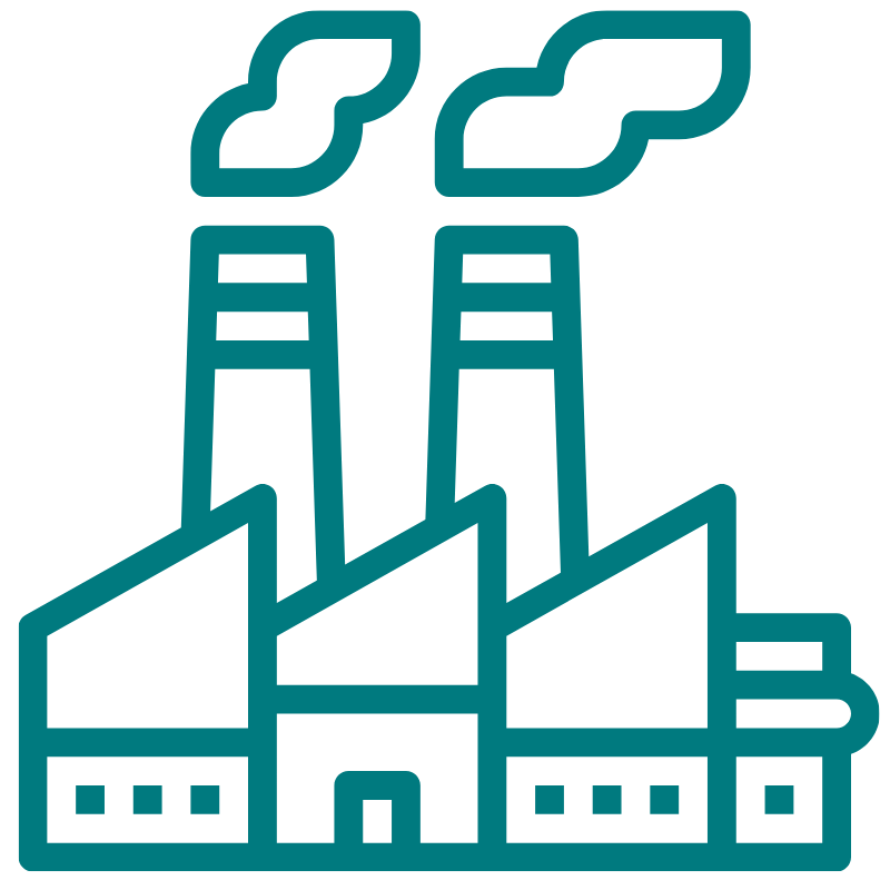 Line drawing of a factory with two smokestacks emitting smoke.