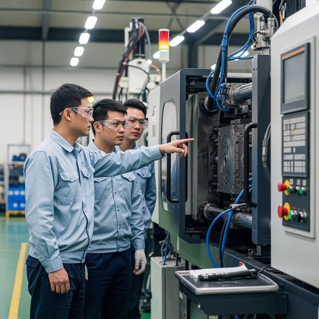 Three factory workers wearing safety glasses and light blue shirts operating and inspecting a large industrial machine in a manufacturing facility.