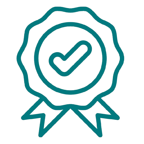 Certification badge with a checkmark inside a ribbon.