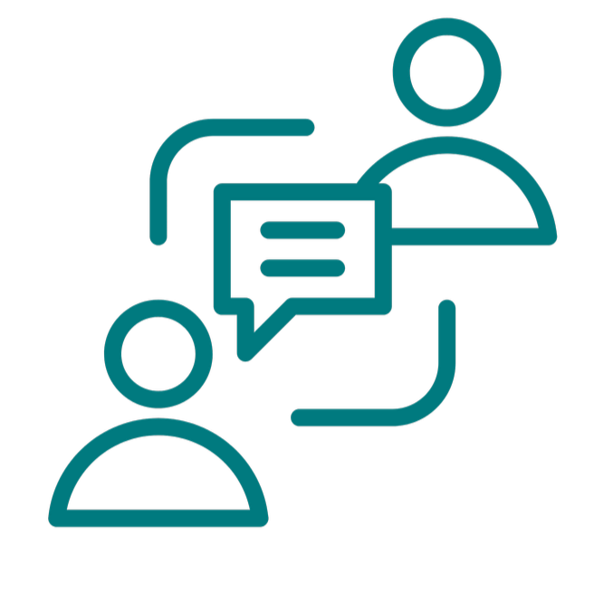 Icon of two people communicating with speech bubbles.