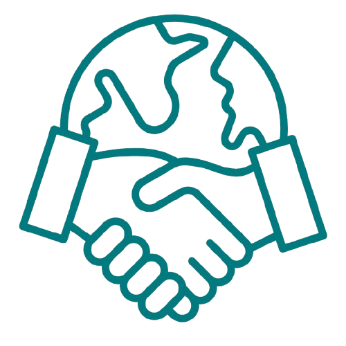 Illustration of a handshake and a globe, symbolizing global partnership or collaboration.