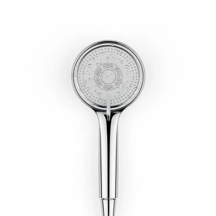 A metal showerhead with water droplets visible on the surface, placed against a plain white background.