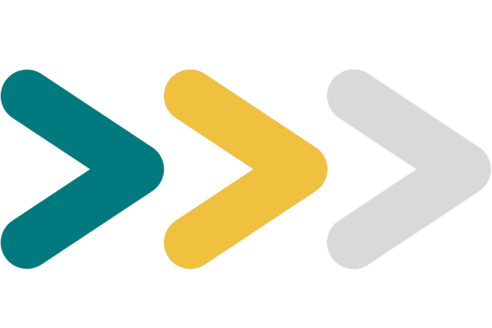 Three right-facing arrows in teal, yellow, and gray on a black background.