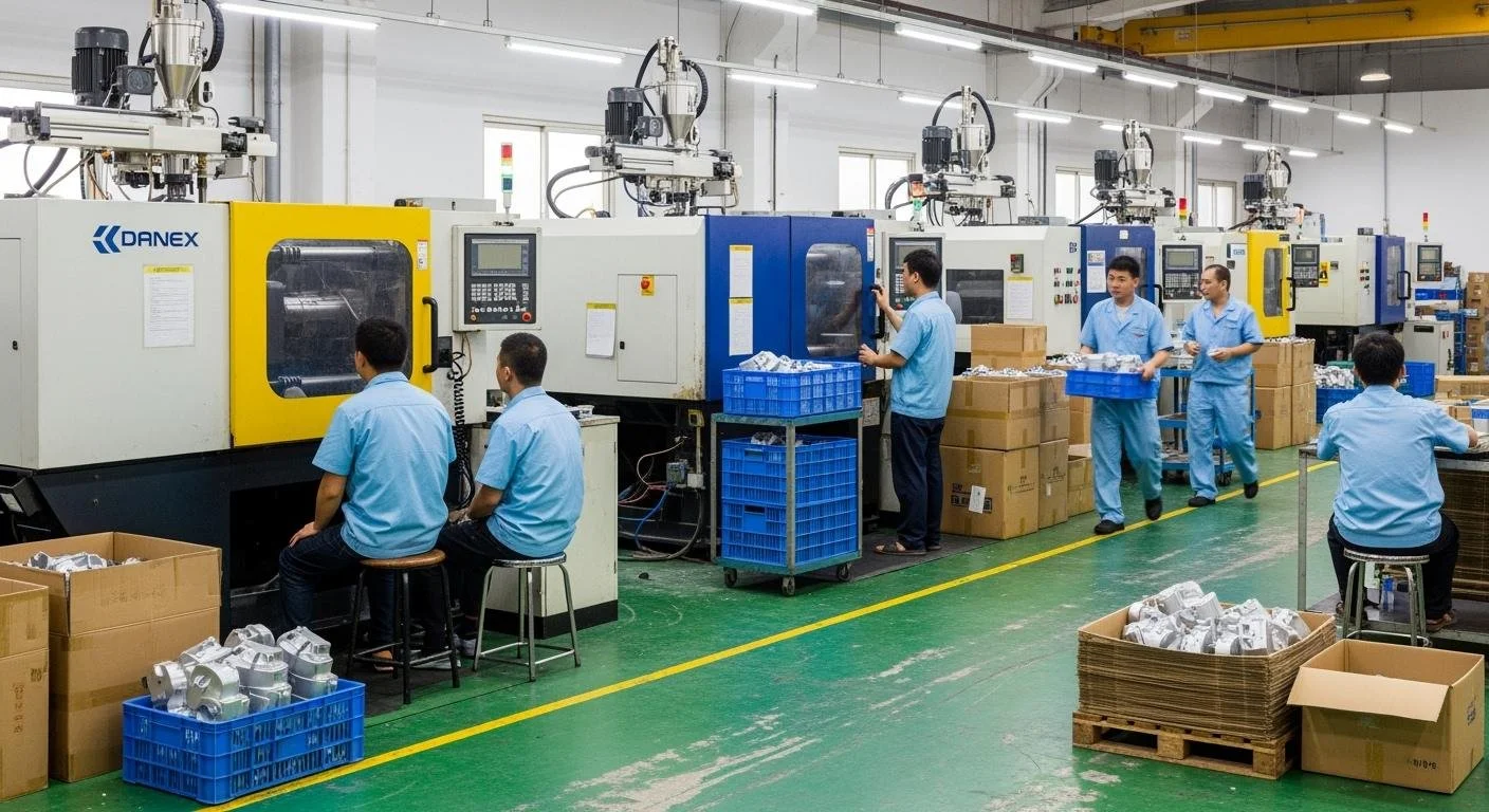 Workers in blue uniforms operating machines and packaging metal parts in an injection molding area