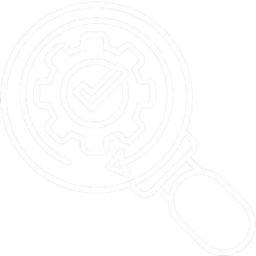Magnifying glass with gear and checkmark inside, symbolizing quality control or inspection.