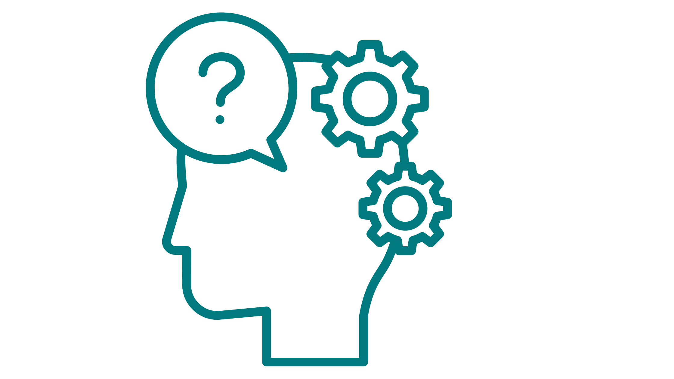 Outline of a human head with gears inside and a speech bubble with a question mark.