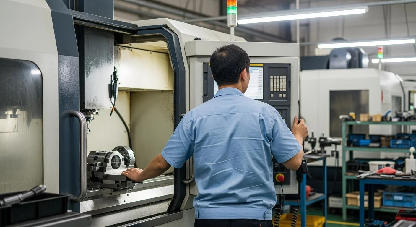 A man working on a CNC machine in an industrial workshop, making the mold for injection molding.
