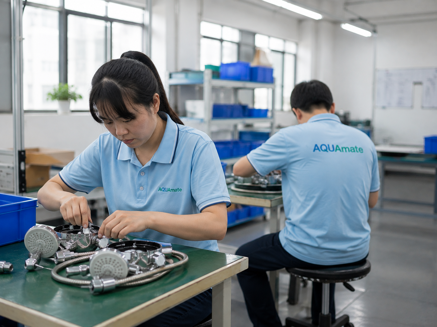 Manufacturing and assembly solutions. Workers in blue uniforms assembling and inspecting metal components at workstations in a factory setting.