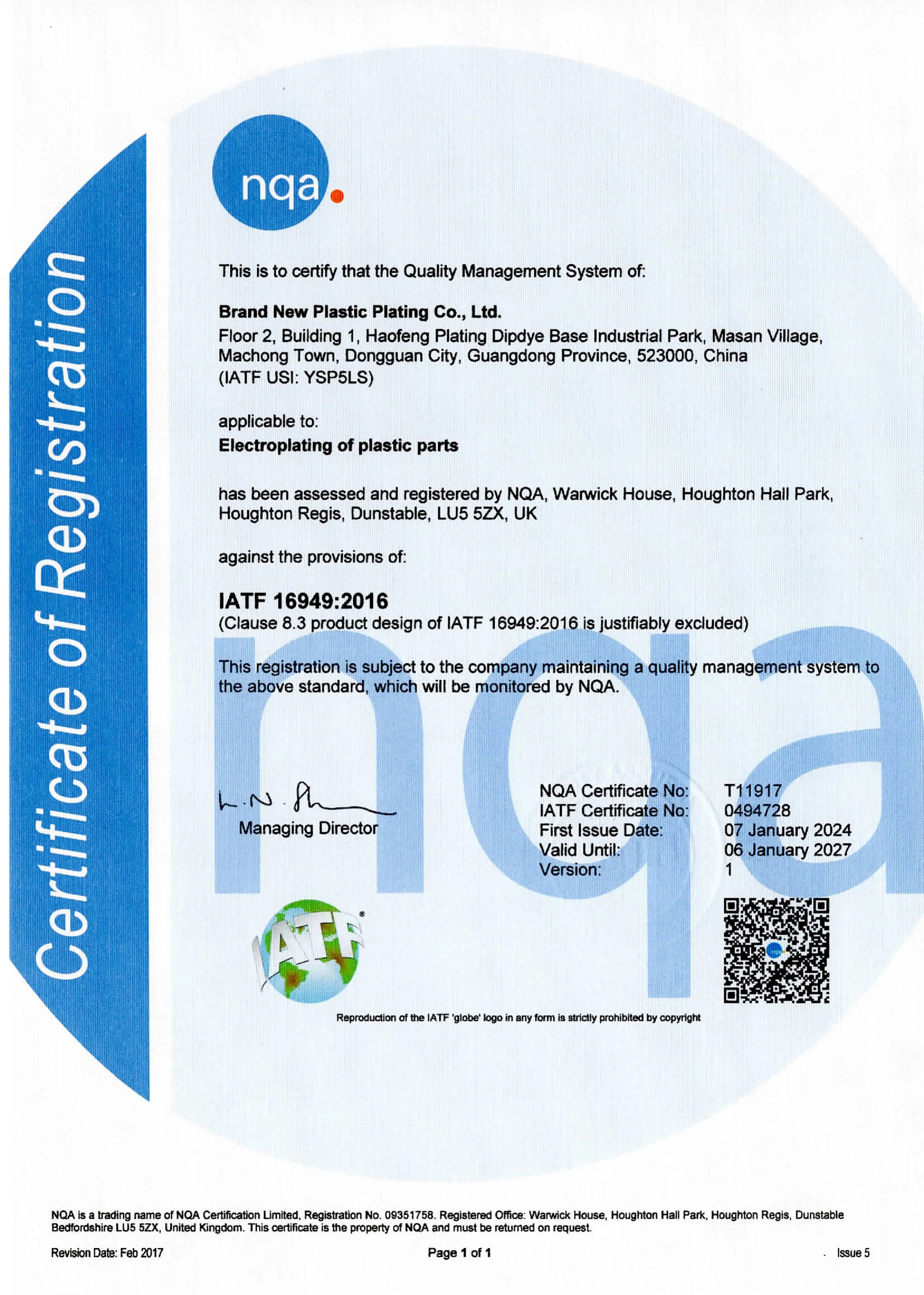 Certification document from NQA for a company named Brand New Plastic Plating Co., Ltd., certifying their quality management system for plastic parts electroplating, issued on January 7, 2024, and valid until January 6, 2027.