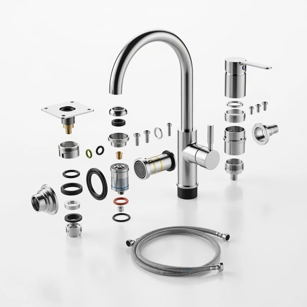 Disassembled modern kitchen faucet with various metal parts, hoses, and fittings on a white background.