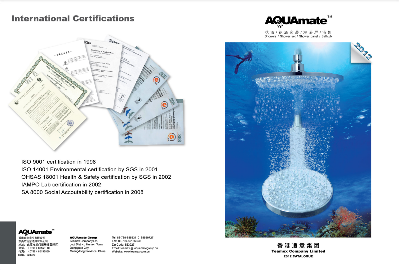 A catalog cover displaying international certifications on the left, and an underwater shower scene on the right with a diver in the background. The catalog is titled "AQUAmate" with a focus on shower panels and bathtubs, issued by Teamex Company Limited, 2012.