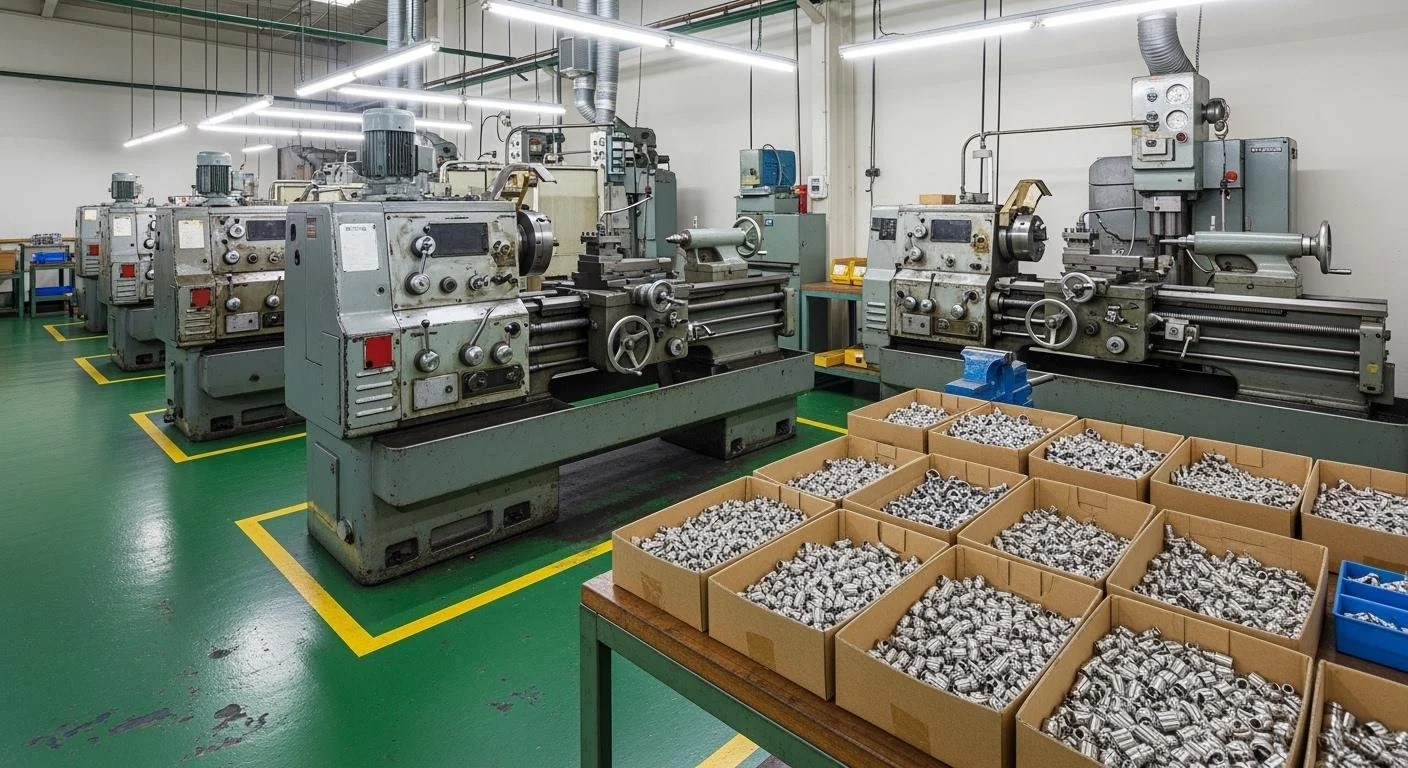 A manufacturing workshop with several industrial metal lathes machine tools. In front, there are multiple boxes filled with small metallic parts on a table.