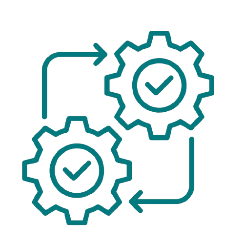 Two interconnected gears with check marks inside, symbolizing process automation or workflow completion.