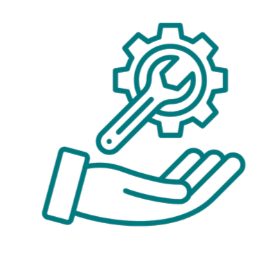 An outlined hand holding a gear with a wrench inside it, representing maintenance or technical support.