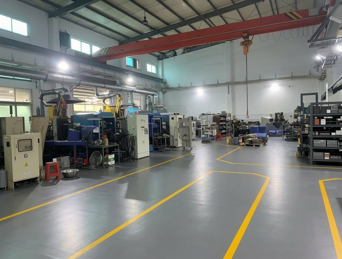 Industrial workshop with various machinery, equipment, and storage shelves, illuminated by ceiling lights and with yellow safety lines on the floor.