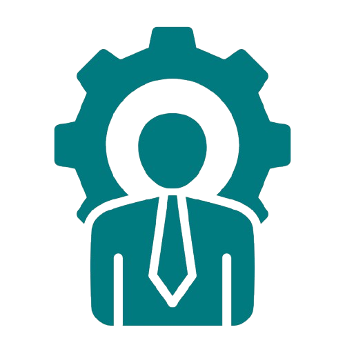 Icon of a person in business attire with a gear behind their head, representing management or technology.