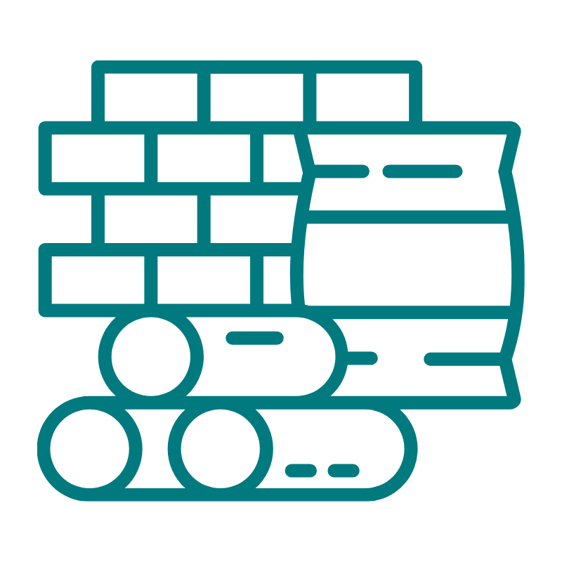 Line drawing of a brick wall with stacked logs in front of it.