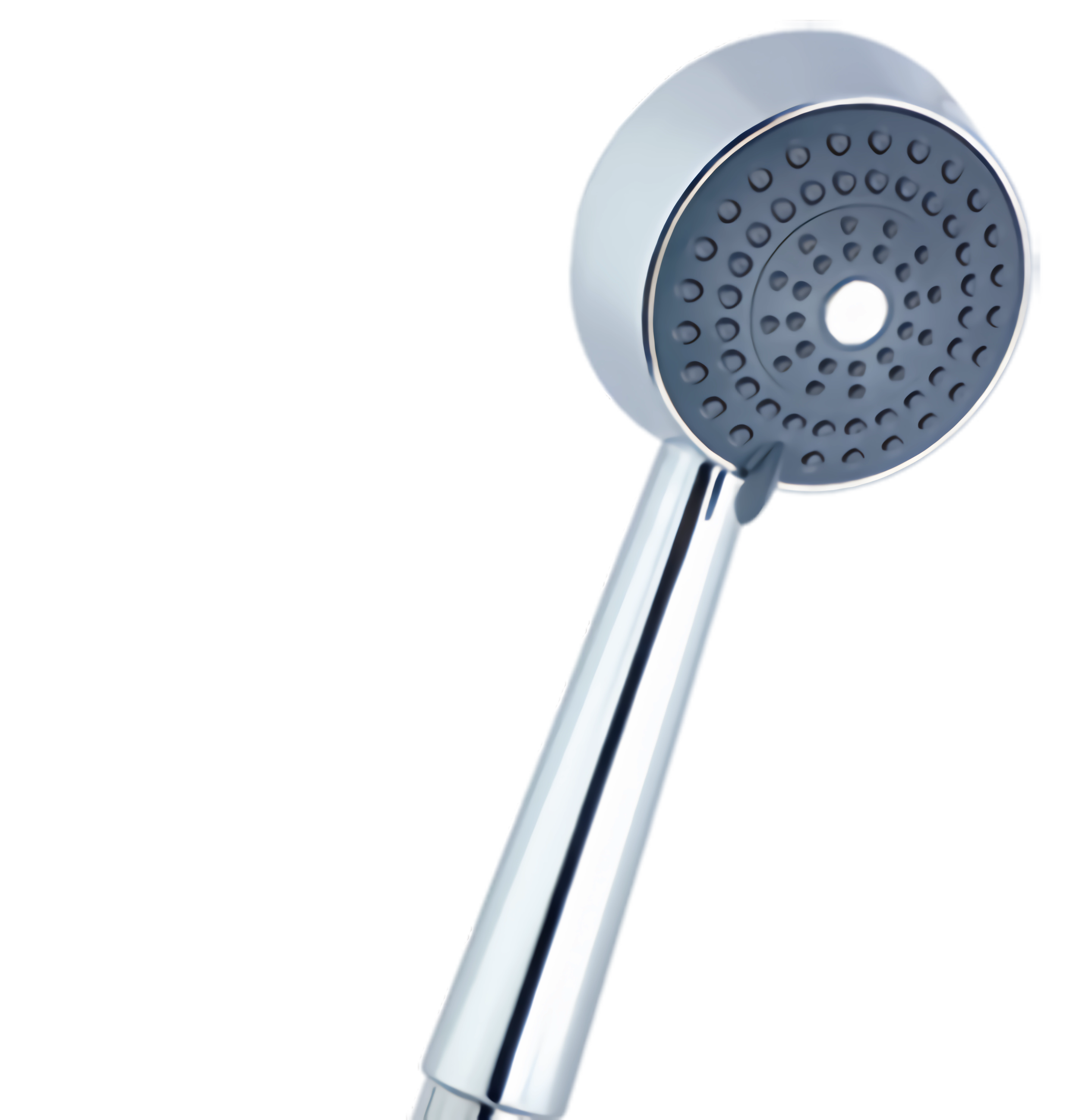Handheld showerhead with a chrome finish and adjustable spray settings, mounted on a wall.